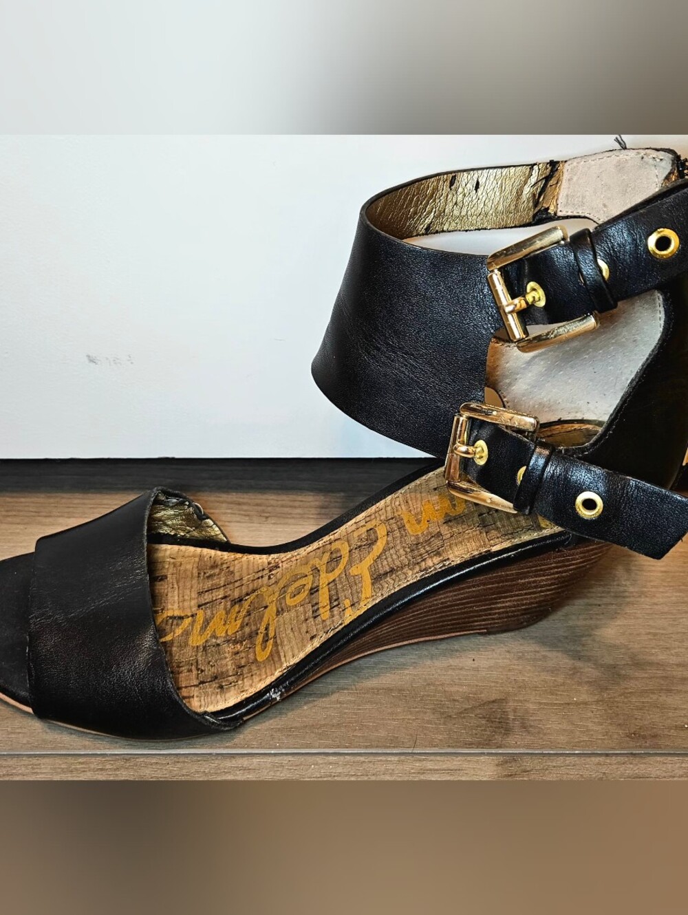 Sam Edelman Black Leather Ankle-Strap Wedge Sandal with Gold Buckles
